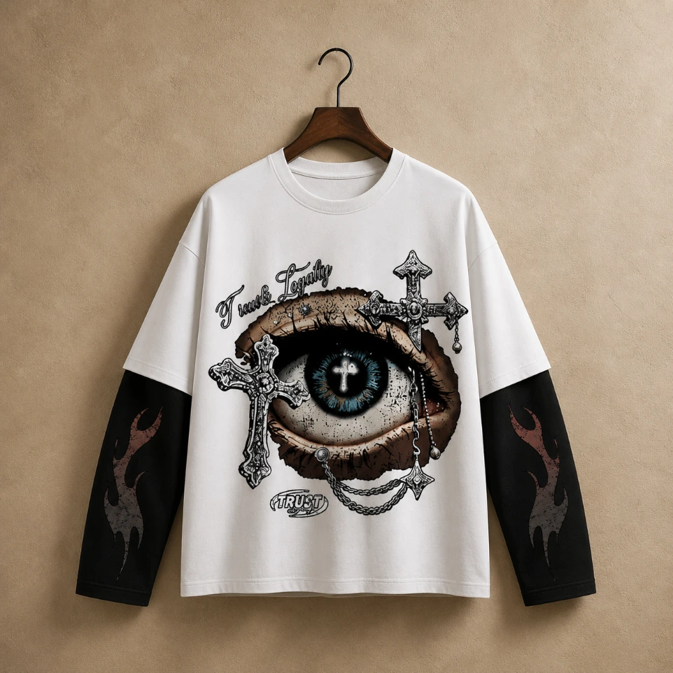 Gothic Mystic Eye Double-Sleeve Oversized T-Shirt (S)