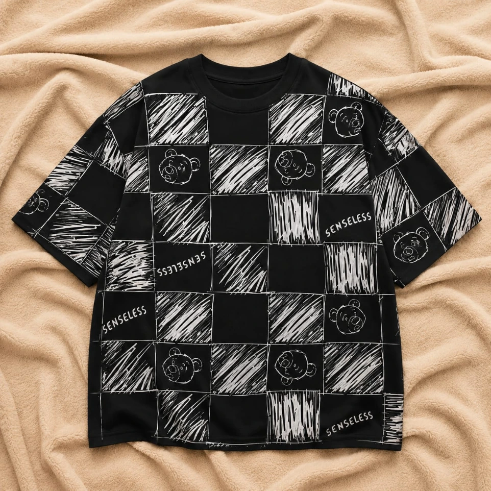 Senseless Sketch Bear Checkered Tee (S)